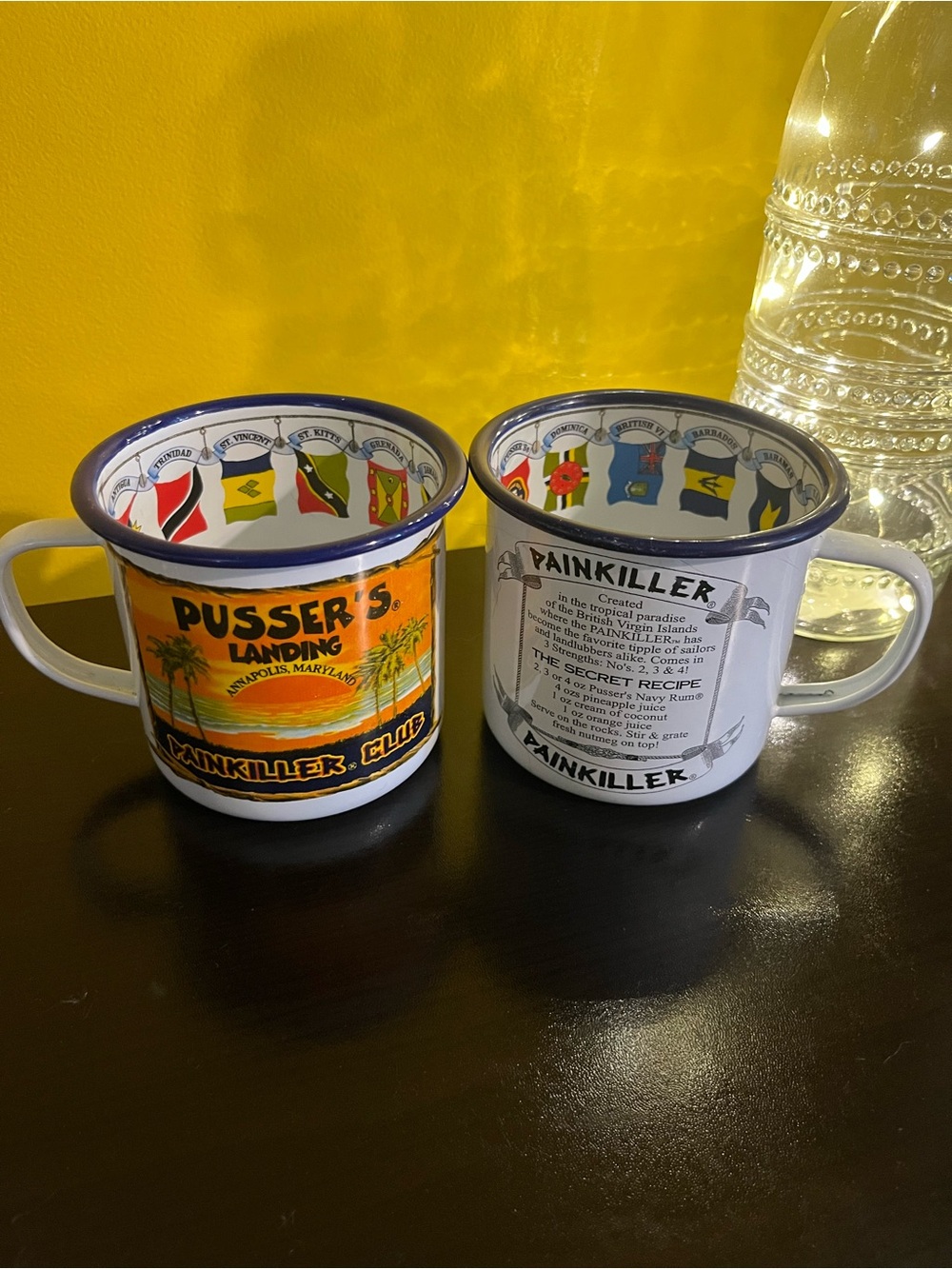 Set of 2 Pusser's Landing Painkiller Enamel tin  Mug - Orange, blue, white